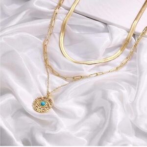 14k Gold Plated Evil Eye Pendant 3pc Necklace Set